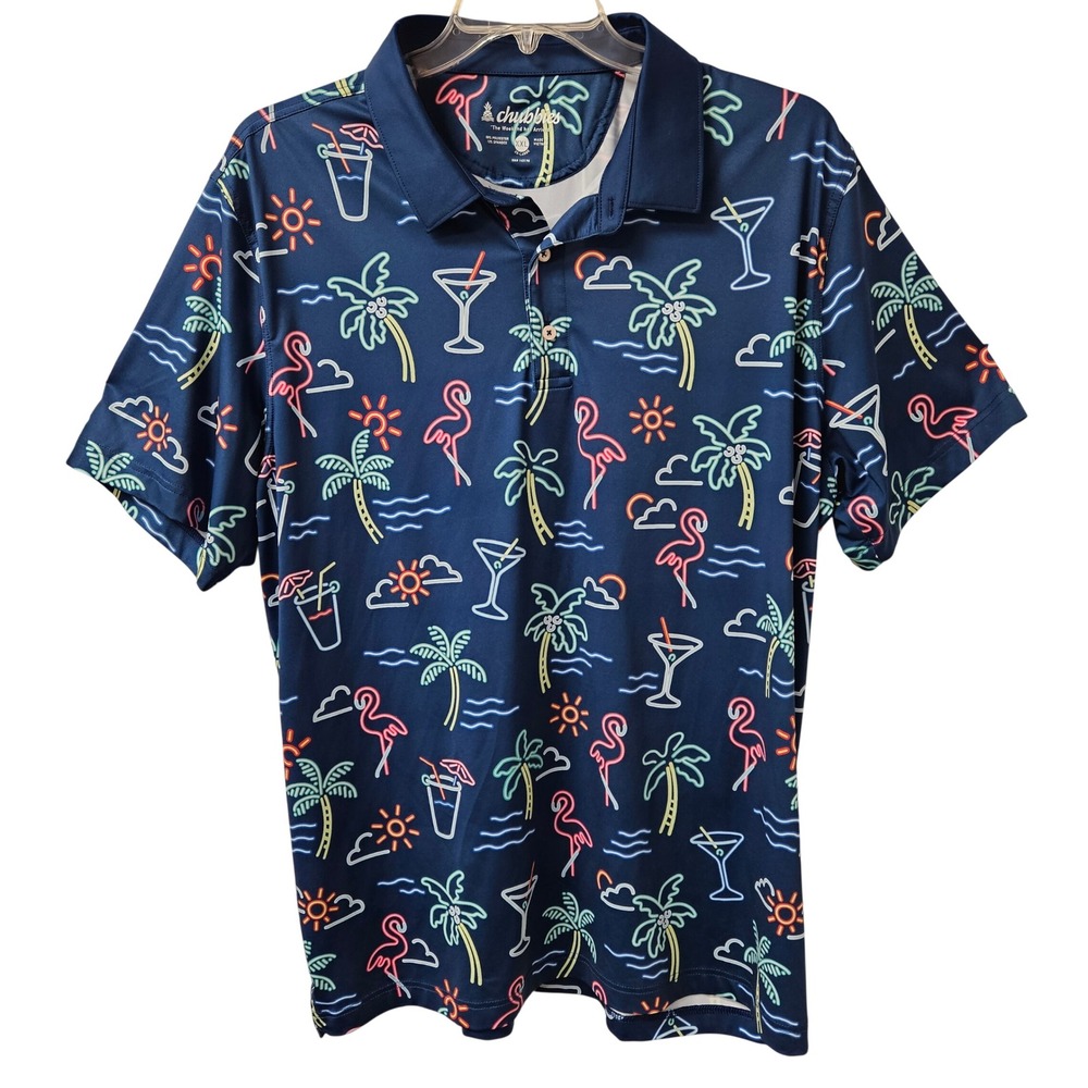 Chubbies The Neon Lights Polo 2XL XXL Neon Flamingo Palm Tree Performance Golf‎